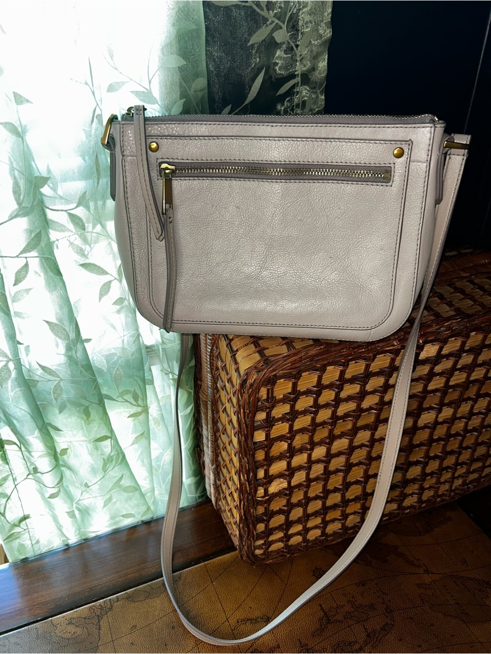 Fossil Light Gray Leather Crossbody with Front Zip